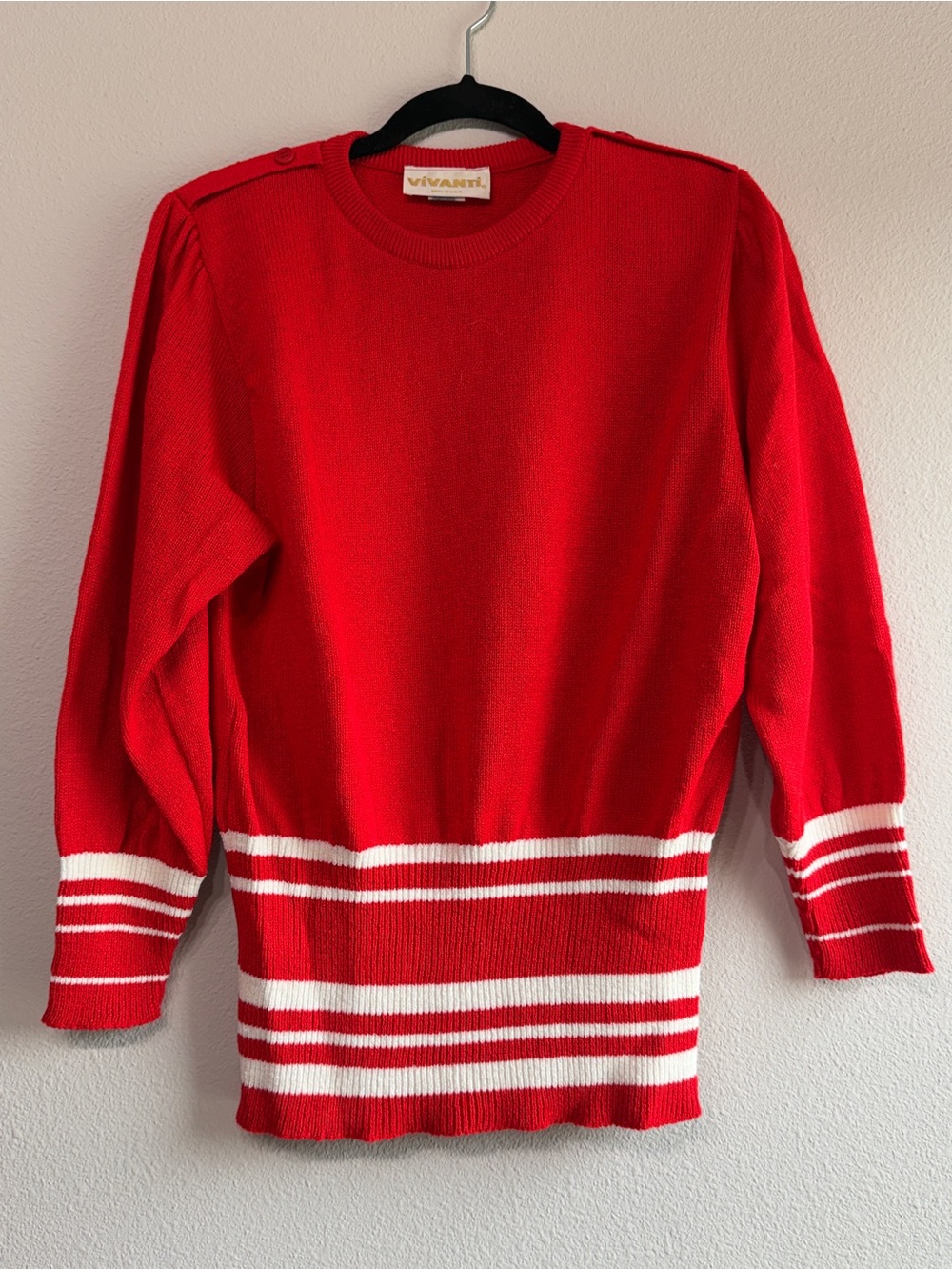 Vintage Vivanti 80s Puff Sleeve Cinch Waist Sweater Red White Striped Retro USA